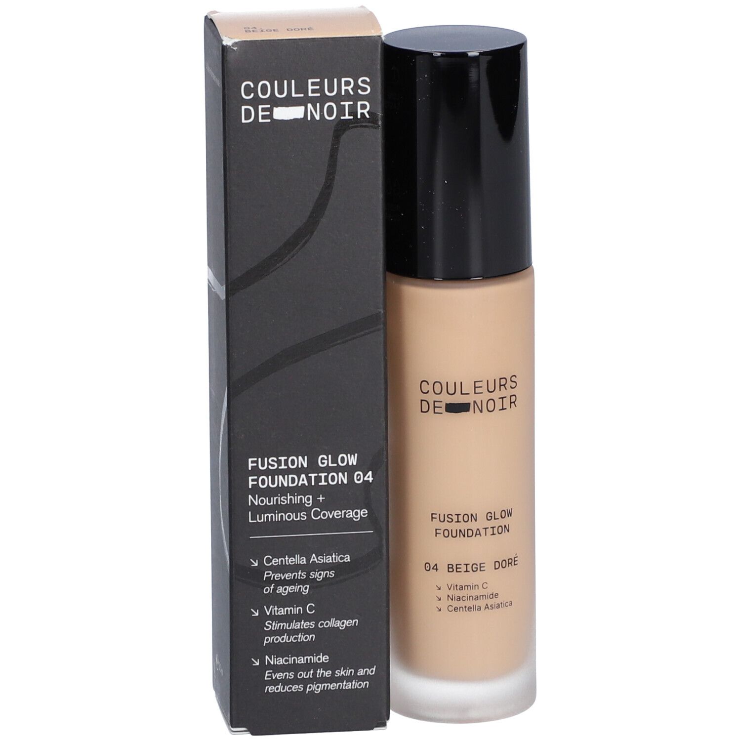Foundation-Flakon und Schachtel. Aufschrift: COULEURS DE NOIR, Fusion Glow Foundation 04 Beige Doré. Inhaltsstoffe.