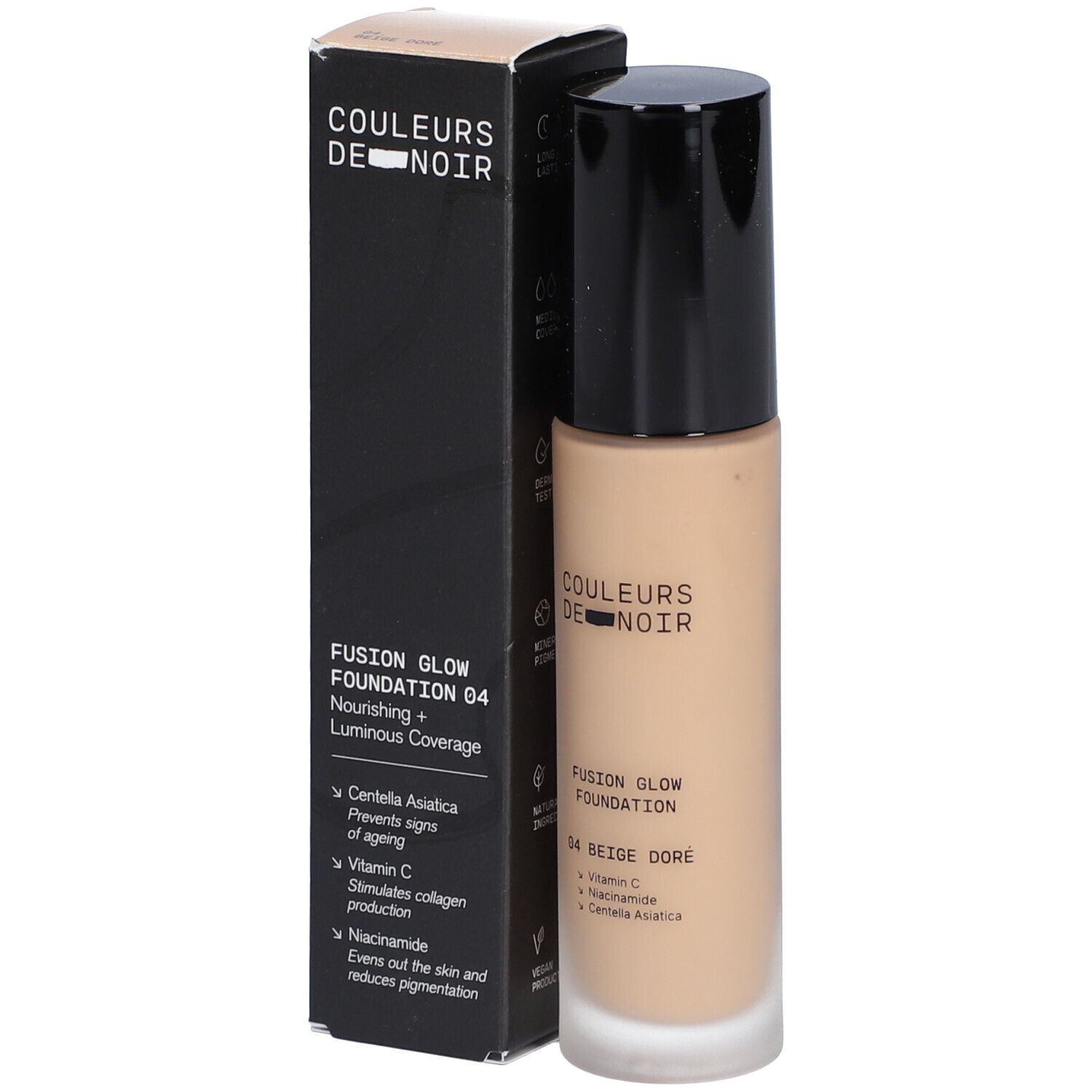 Foundation-Flakon und Schachtel. Aufschrift: COULEURS DE NOIR, Fusion Glow Foundation 04 Beige Doré. Inhaltsstoffe.
