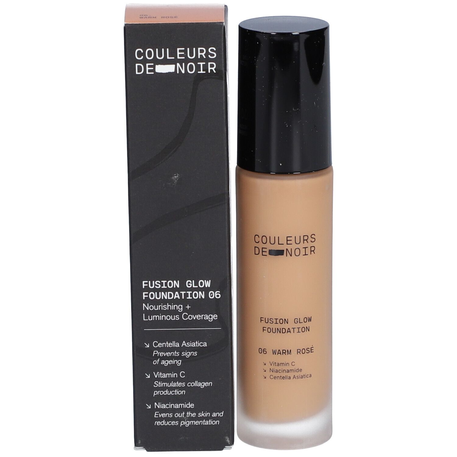 Flacon et emballage de fond de teint. Farben Von Schwarz Fusion Glow Foundation 06 Warm Rosé. Emballage noir avec texte.