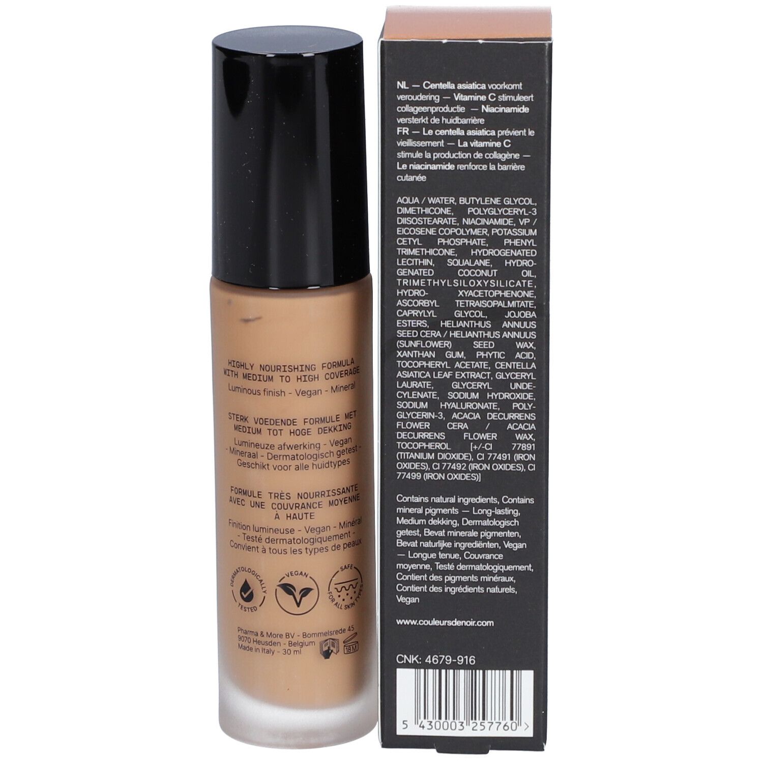 Flacon et emballage de fond de teint. Farben Von Schwarz Fusion Glow Foundation. Ingrédients et texte sur l'emballage.