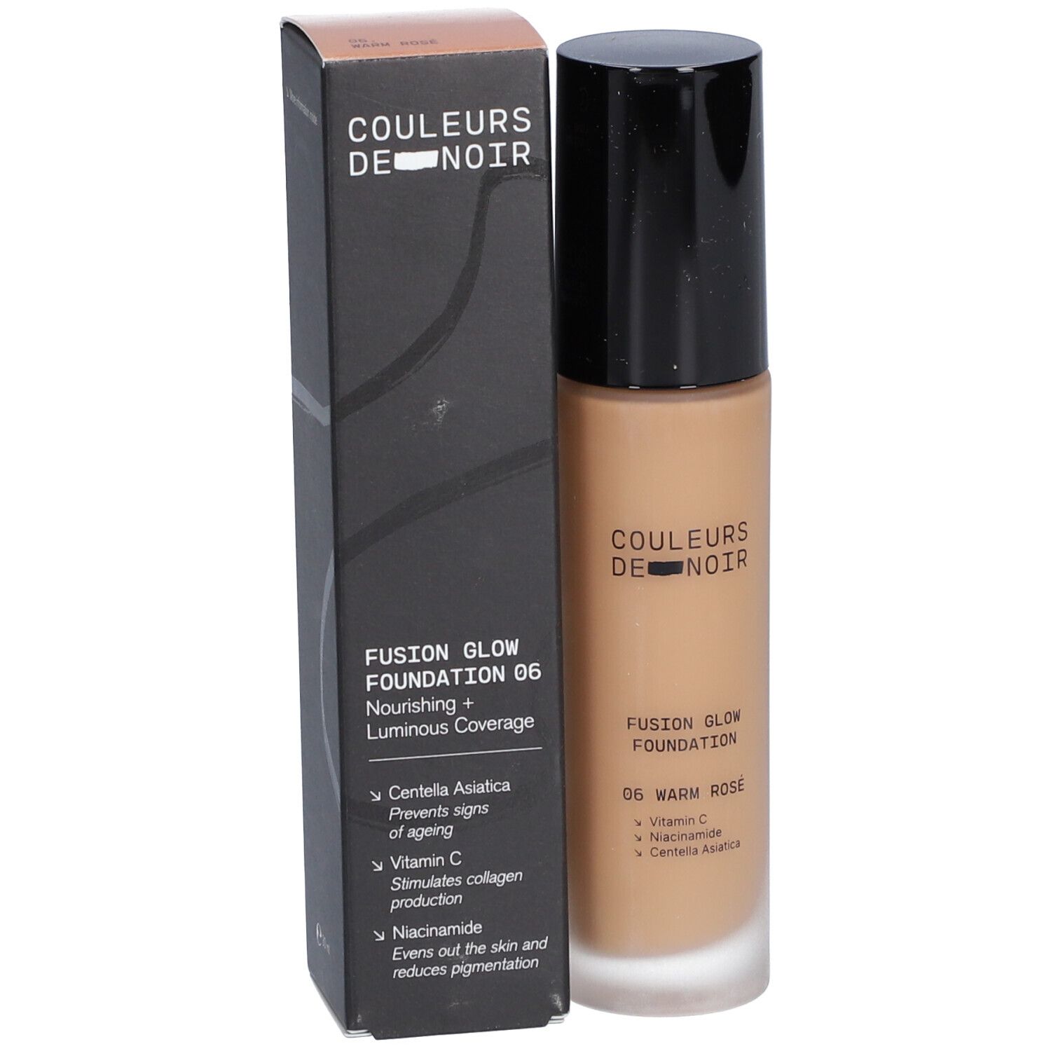 Flacon et emballage de fond de teint. Farben Von Schwarz Fusion Glow Foundation 06 Warm Rosé. Emballage noir avec texte.