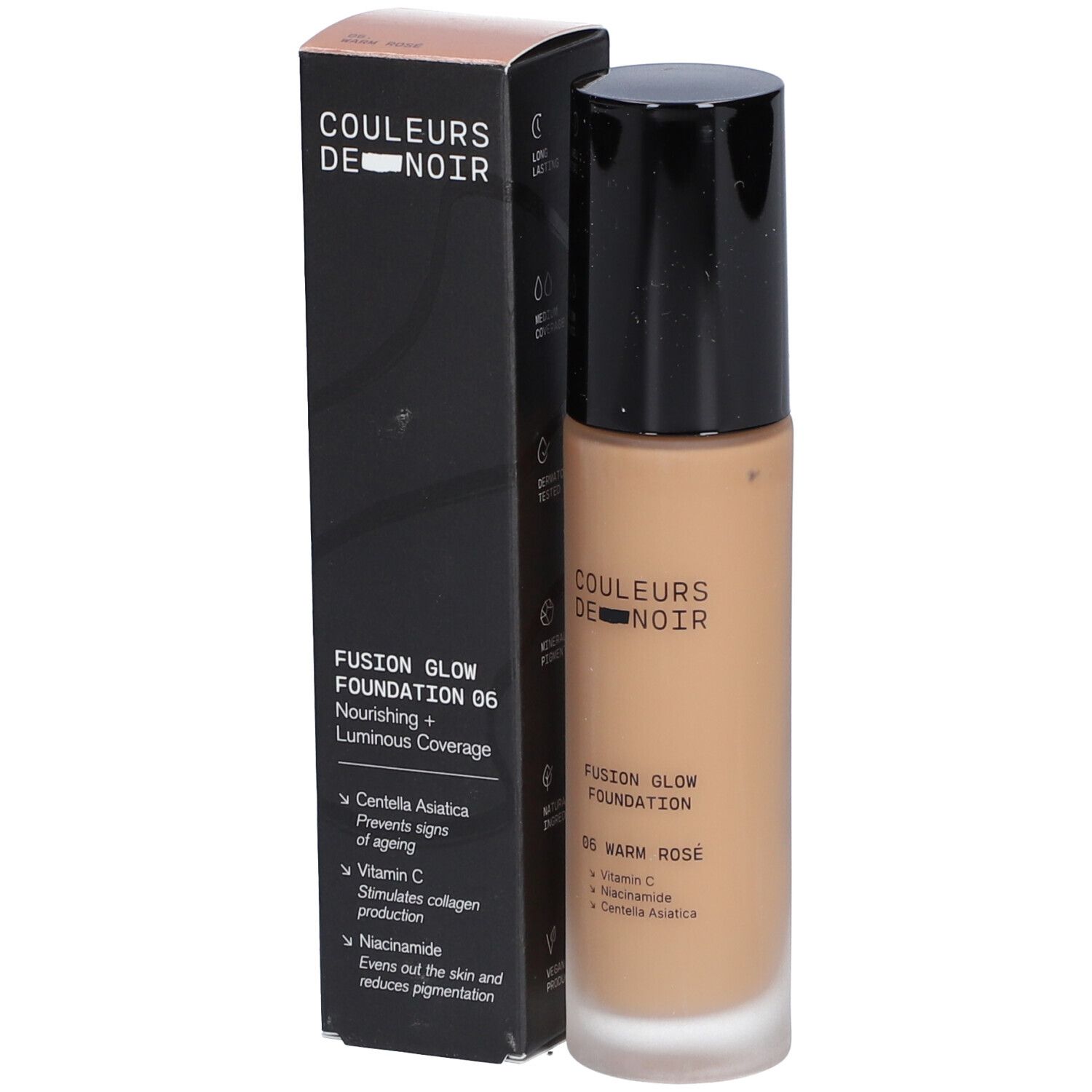 Flacon et emballage de fond de teint. Farben Von Schwarz Fusion Glow Foundation 06 Warm Rosé. Emballage noir avec texte.