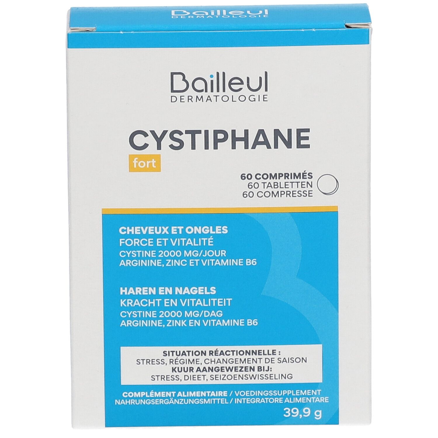 Boîte Cystiphane fort. Inscription: 60 comprimés. Contient cystine, arginine, zinc et vitamine B6.