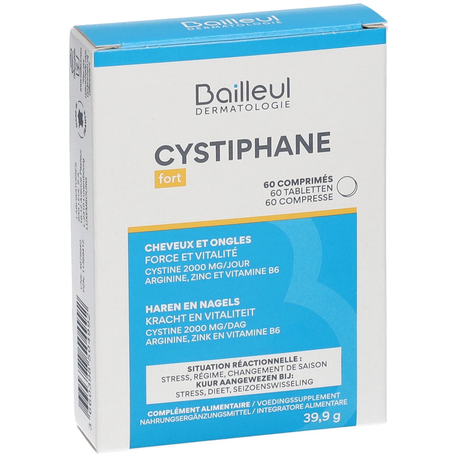 Boîte Cystiphane fort. Inscription: 60 comprimés. Contient cystine, arginine, zinc et vitamine B6.