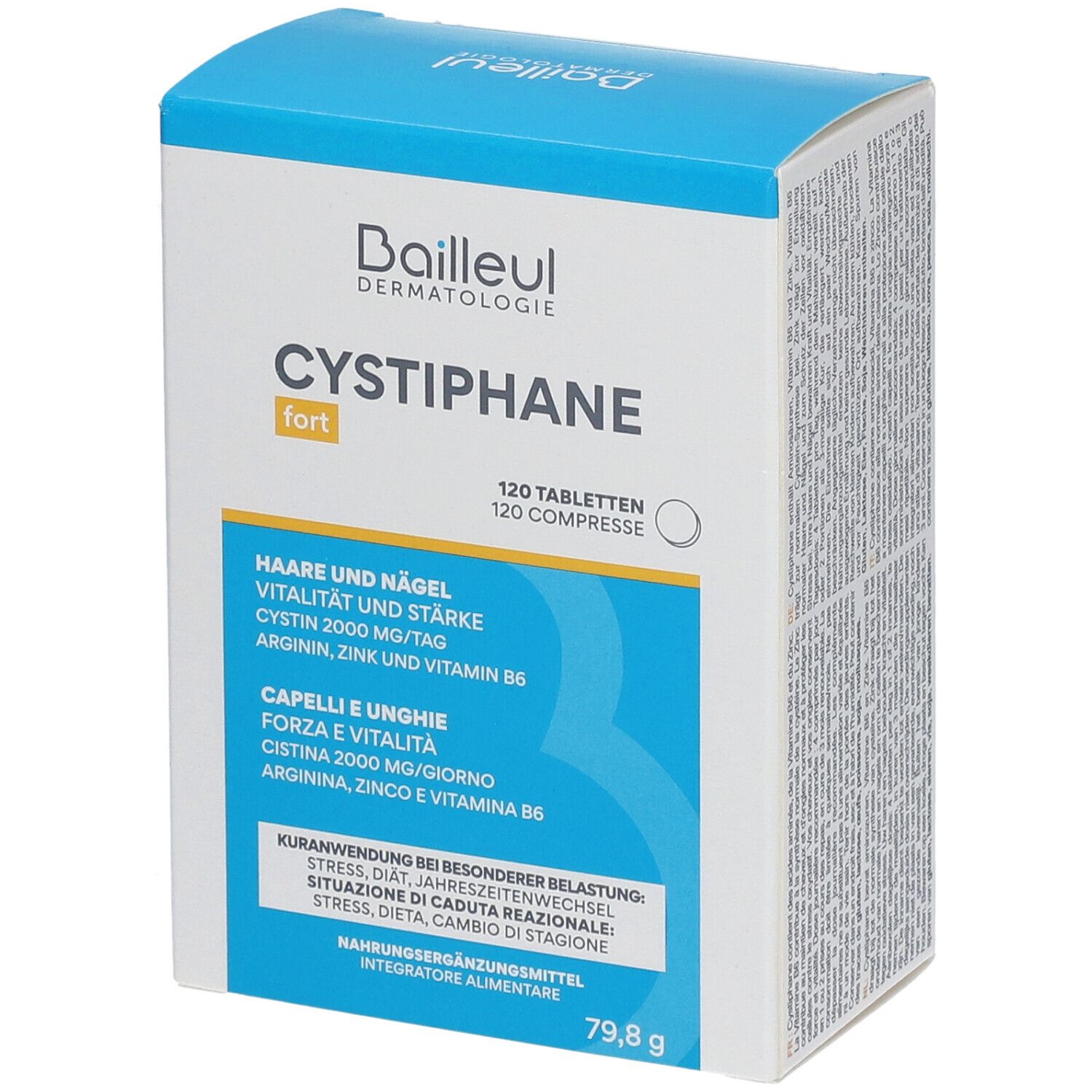 Emballage de Cystiphane fort. Boîte bleue et blanche avec texte multilingue. Contient 120 comprimés.
