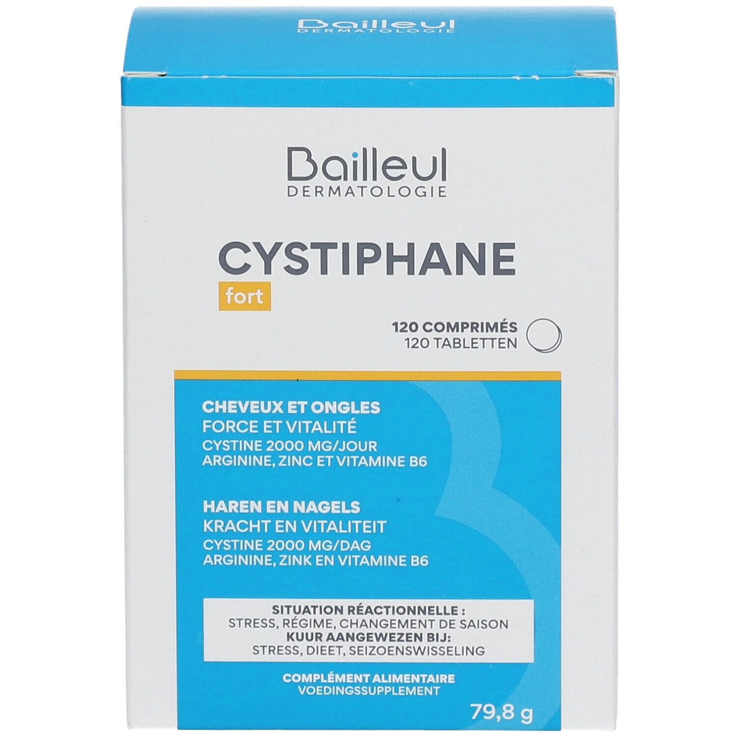 Emballage de Cystiphane fort. Boîte bleue et blanche avec texte multilingue. Contient 120 comprimés.