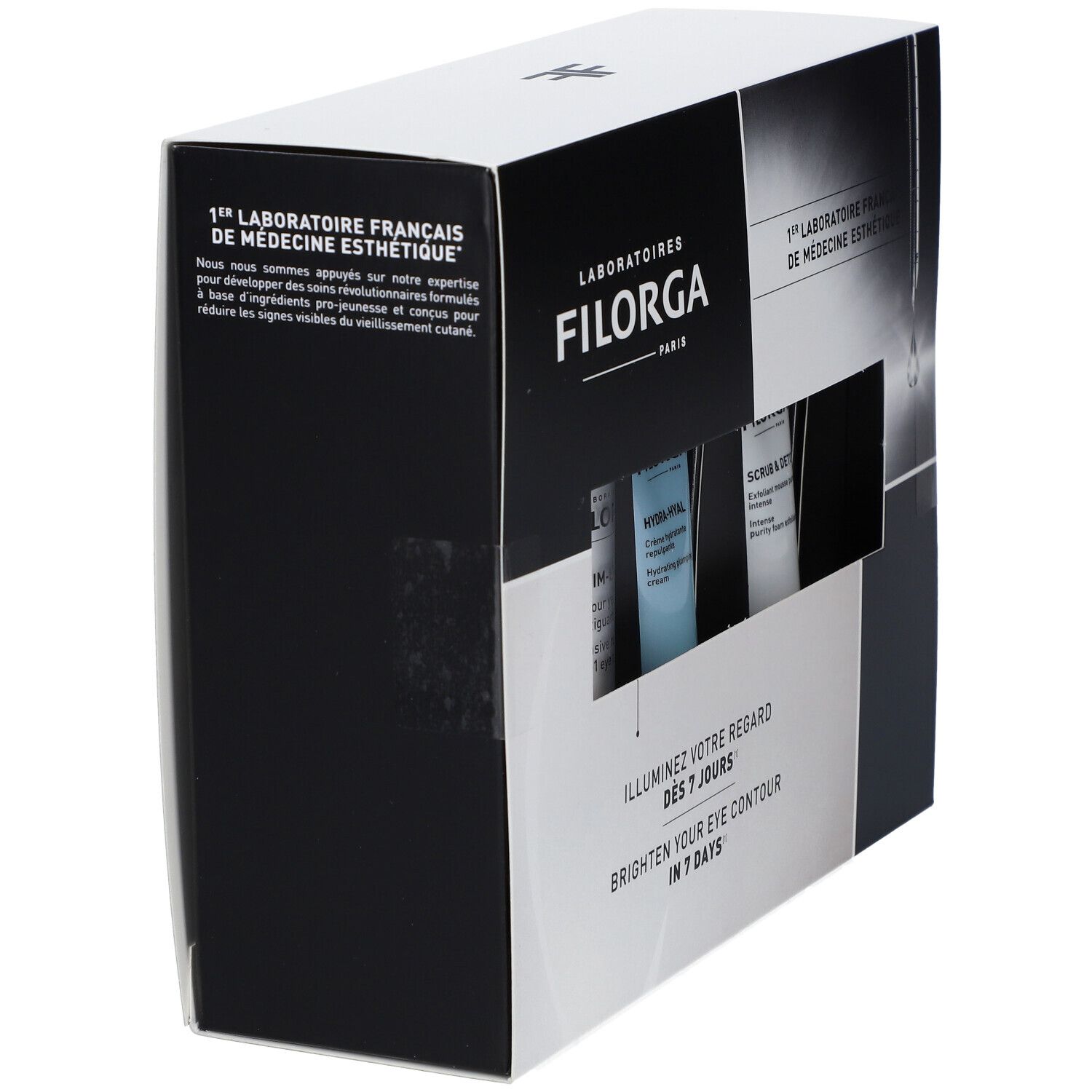 Verpackung mit Filorga-Produkten. Schwarze und weiße Box mit Markenlogo und Text. Enthält drei Tuben mit Pflegeprodukten.