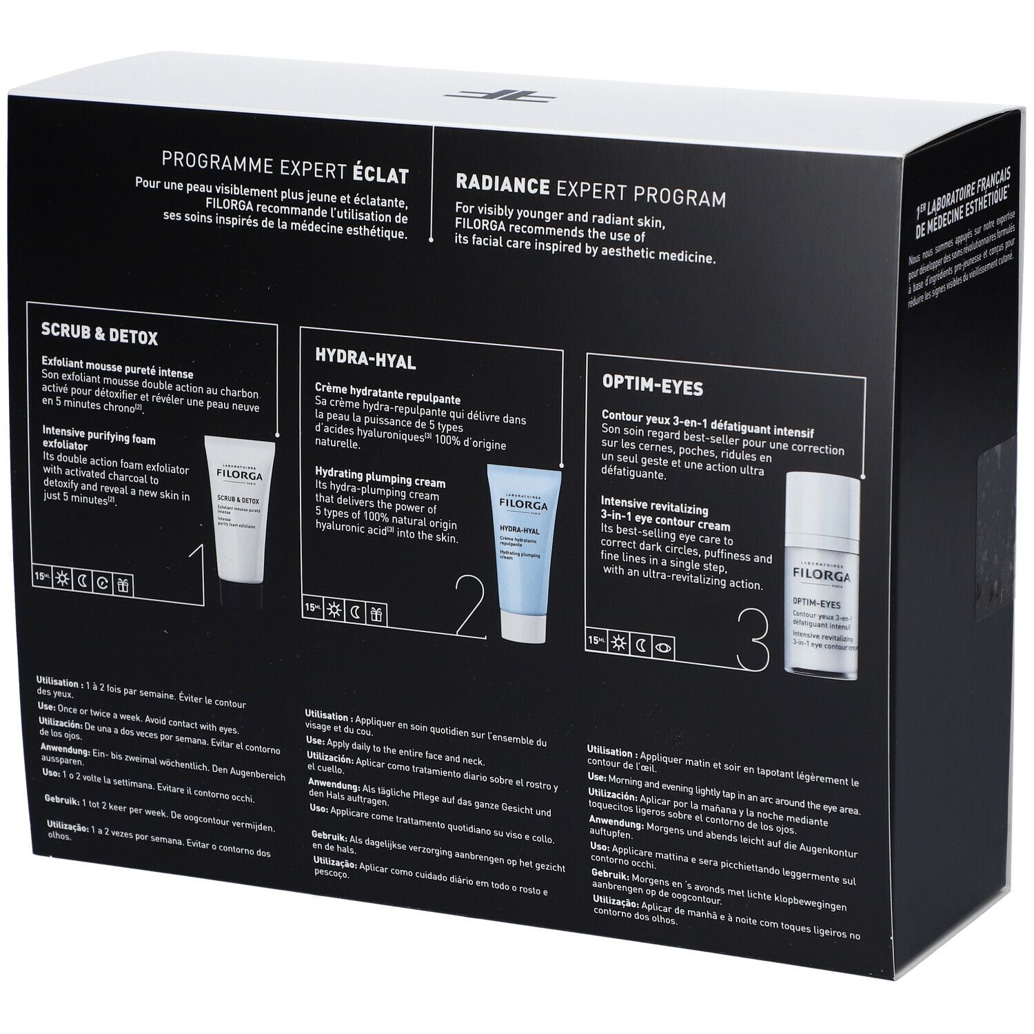 Rückseite der Filorga-Geschenkbox. Enthält Produktbeschreibungen und Anwendungsanweisungen. Drei Produkte: Augenpflege, Feuchtigkeitspflege, Peeling.