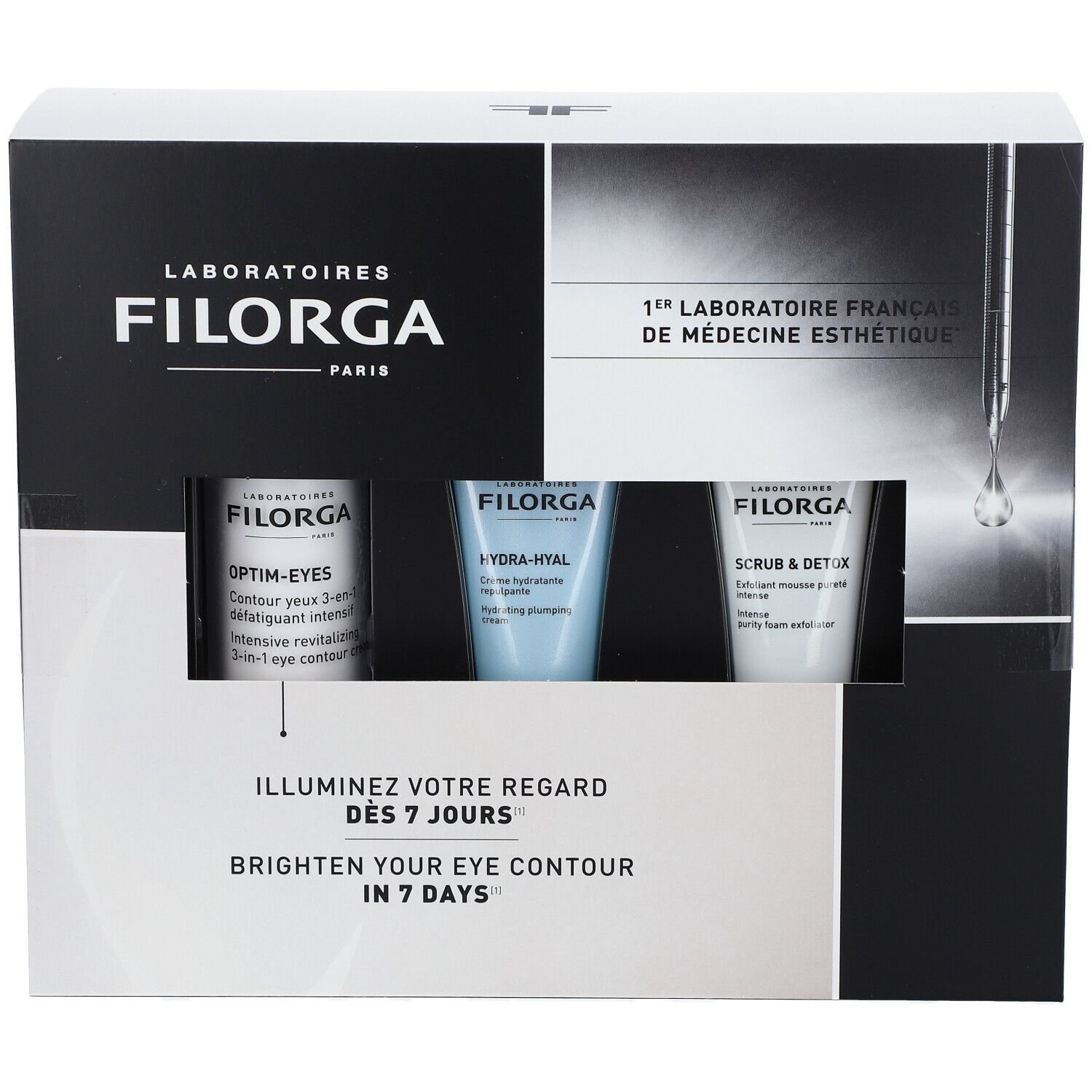 Geschenkset mit drei Filorga-Produkten. Enthält Tuben mit Augenpflege, Feuchtigkeitspflege und Peeling. Verpackung mit Markenlogo.