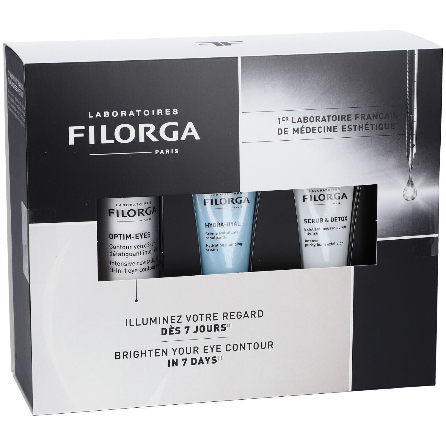 Geschenkset mit drei Filorga-Produkten. Enthält Tuben mit Augenpflege, Feuchtigkeitspflege und Peeling. Verpackung mit Markenlogo.