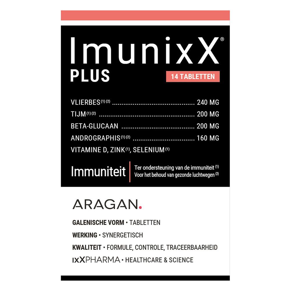 Doos met tabletten. Opschrift: ImunixX Plus, 14 tabletten. Ingrediënten en merklogo.