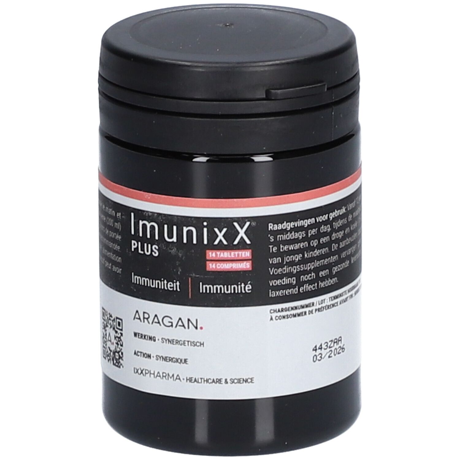 Zwarte pot met tabletten. Opschrift: ImunixX Plus, 14 tabletten. QR-code en merklogo.