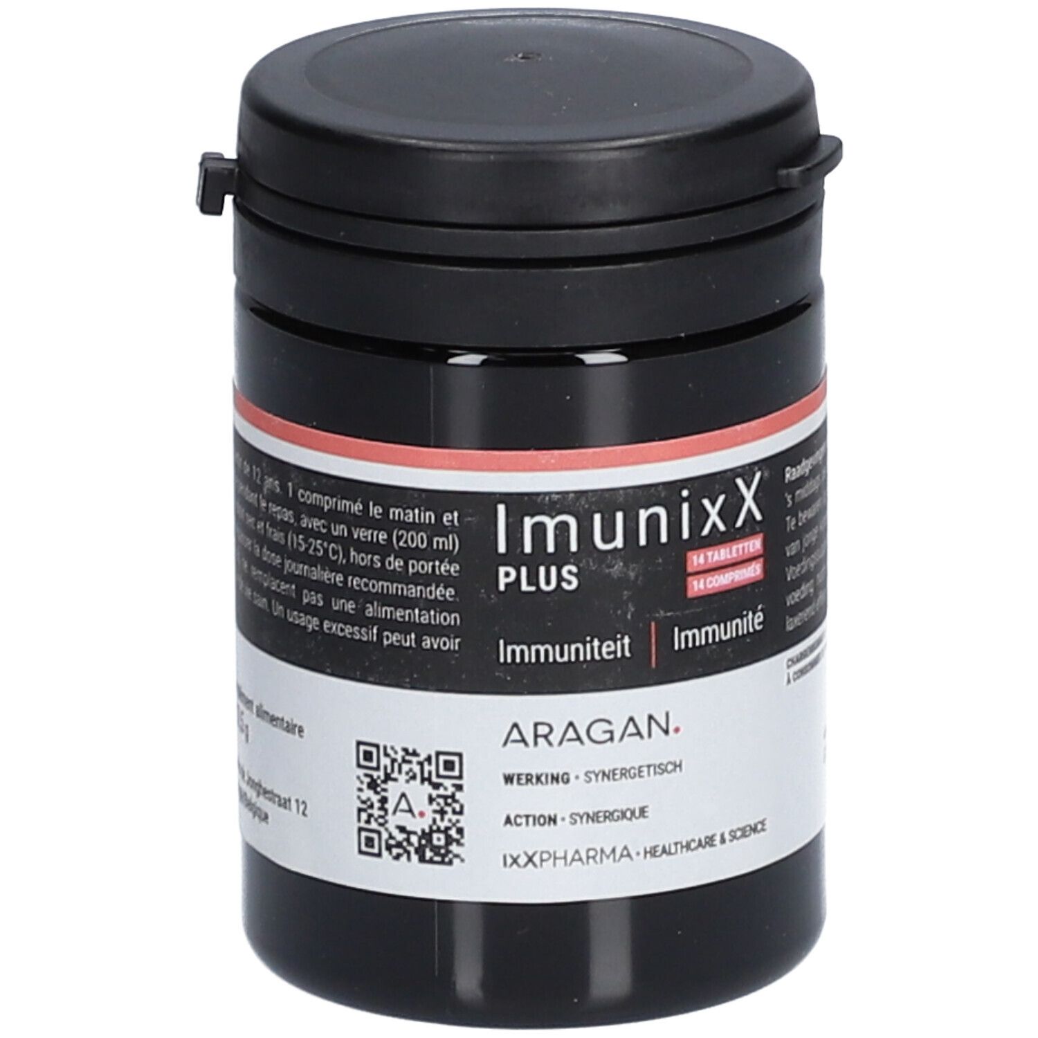 Zwarte pot met tabletten. Opschrift: ImunixX Plus, 14 tabletten. QR-code en merklogo.