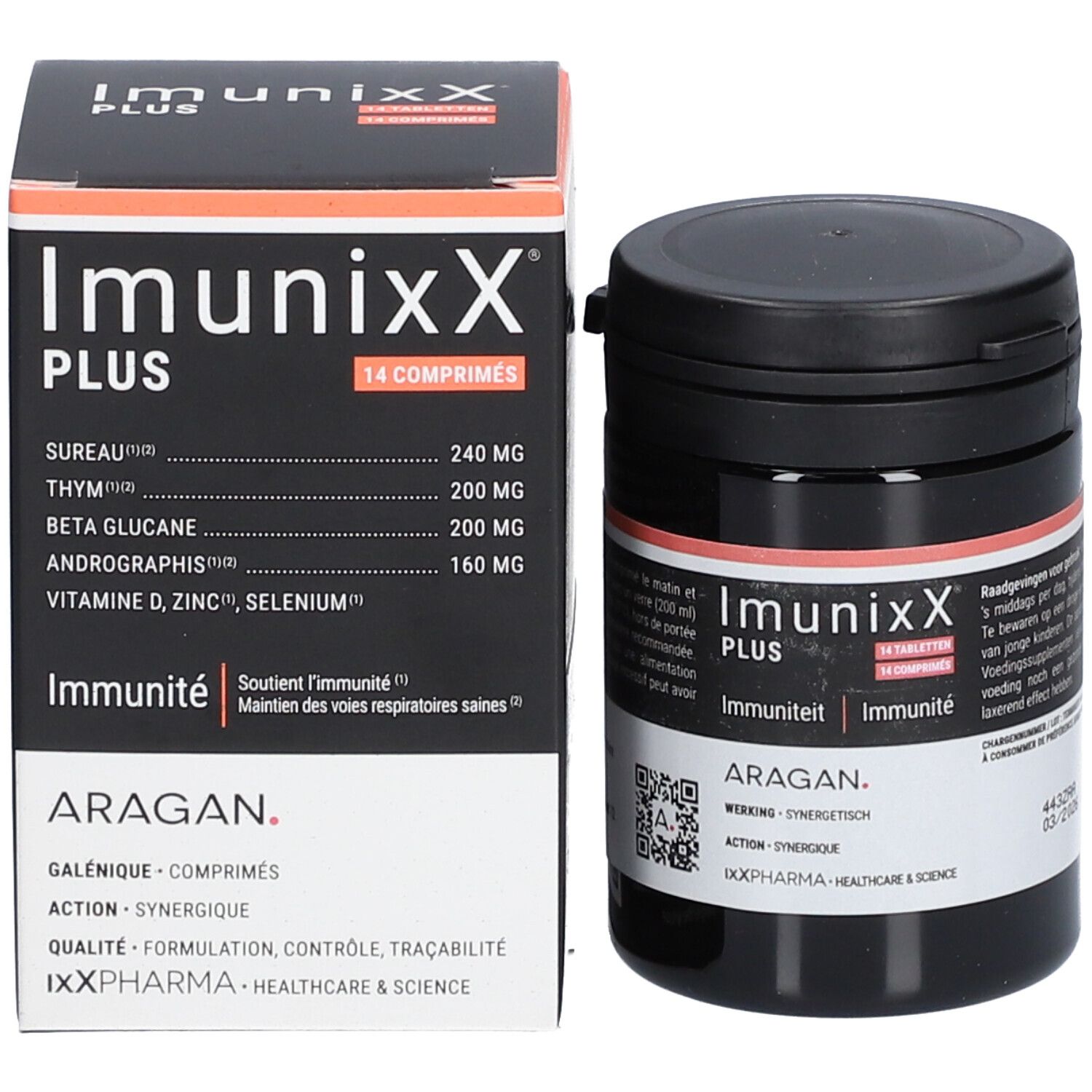 Pot en doos met tabletten. Opschrift: ImunixX Plus, 14 tabletten. Ingrediënten en merklogo.