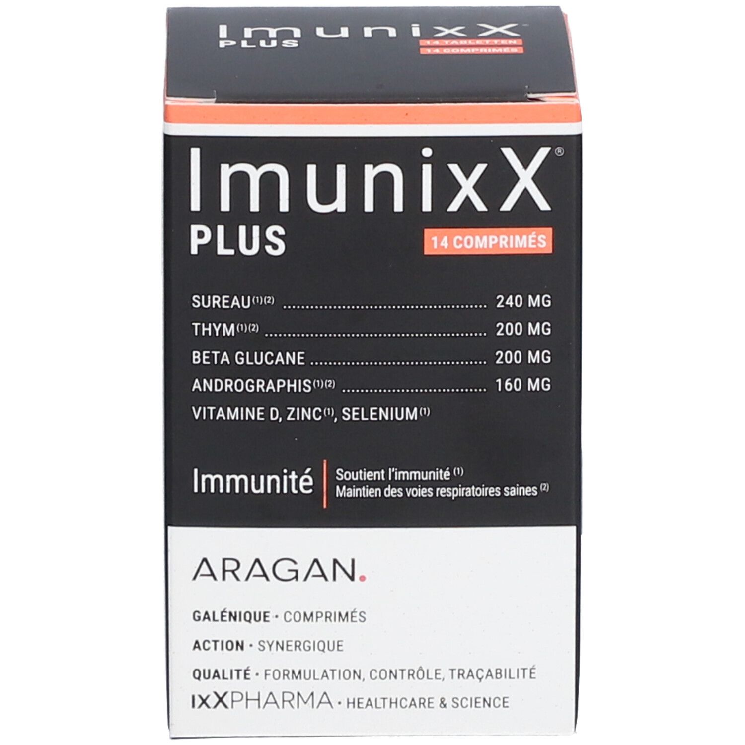 Doos met tabletten. Opschrift: ImunixX Plus, 14 tabletten. Ingrediënten en merklogo.