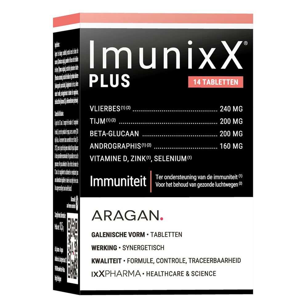Doos met tabletten. Opschrift: ImunixX Plus, 14 tabletten. Ingrediënten en merklogo.