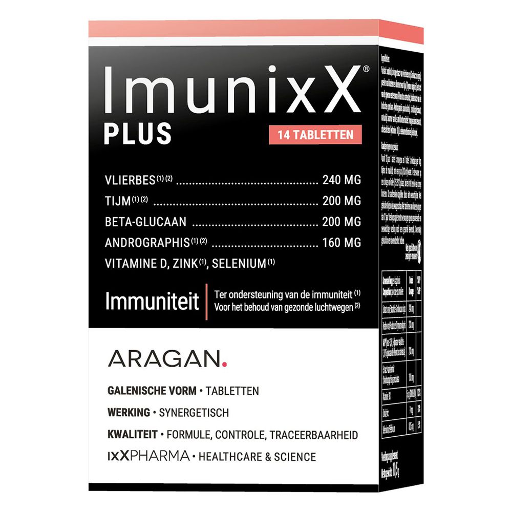 Doos met tabletten. Opschrift: ImunixX Plus, 14 tabletten. Ingrediënten en merklogo.