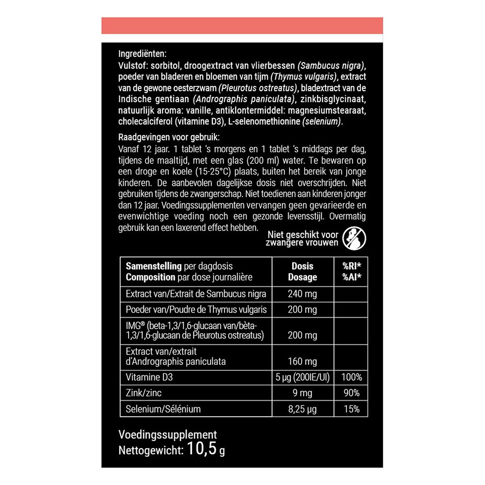 Doos met tabletten. Opschrift: ImunixX Plus, 14 tabletten. Ingrediënten en merklogo.
