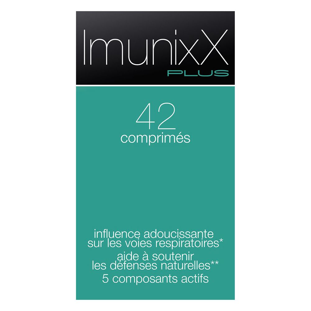 Boîte de comprimés ImunixX Plus. Inscription : 42 comprimés. Design vert et noir.