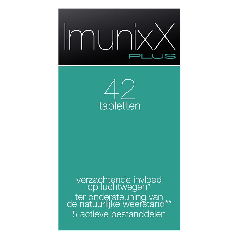Doos met ImunixX Plus tabletten. Opschrift: 42 tabletten. Groen-zwart design.