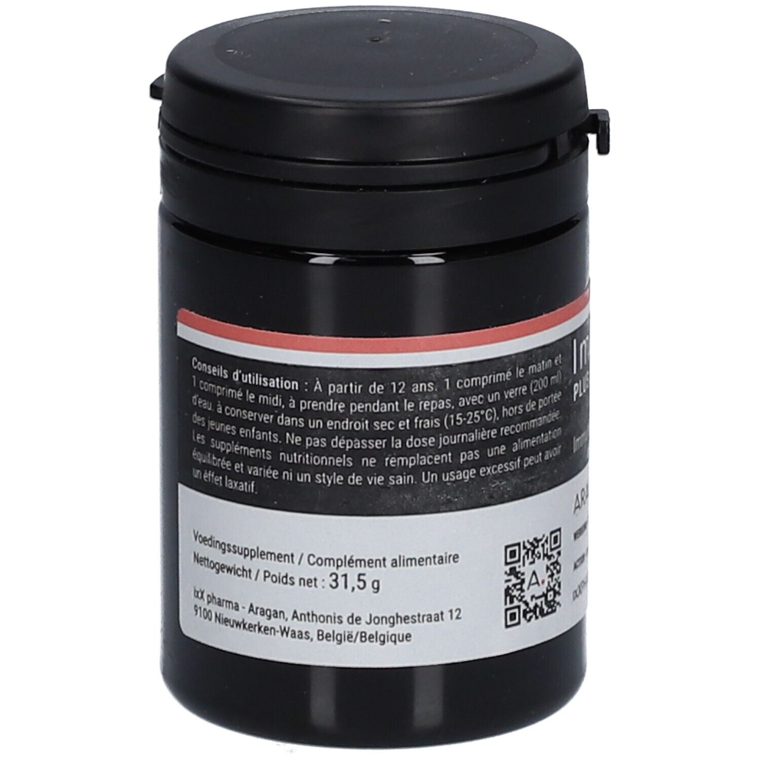 Zwarte pot met ImunixX Plus tabletten. Opschrift: 31,5 g. Met deksel.