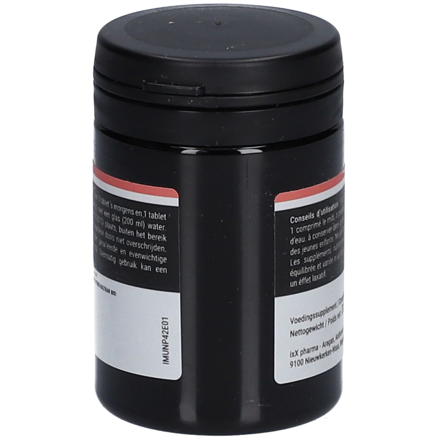 Zwarte pot met ImunixX Plus tabletten. Met deksel. Opschrift: IMUNP42E01.