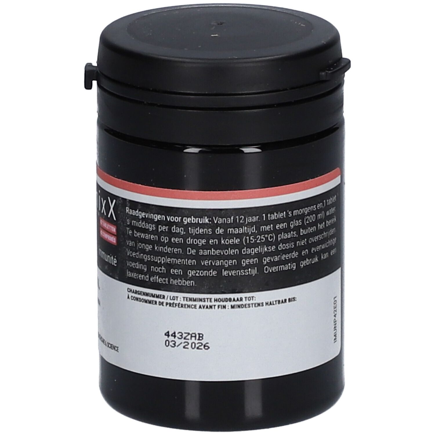 Zwarte pot met ImunixX Plus tabletten. Met deksel. Opschrift: 03/2026.