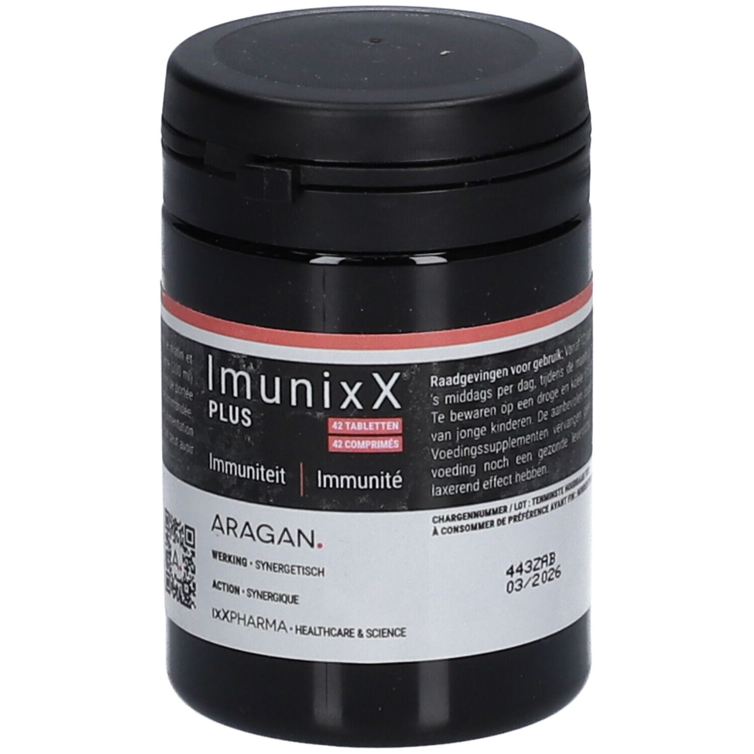 Zwarte pot met ImunixX Plus tabletten. Opschrift: 42 tabletten. Met deksel.