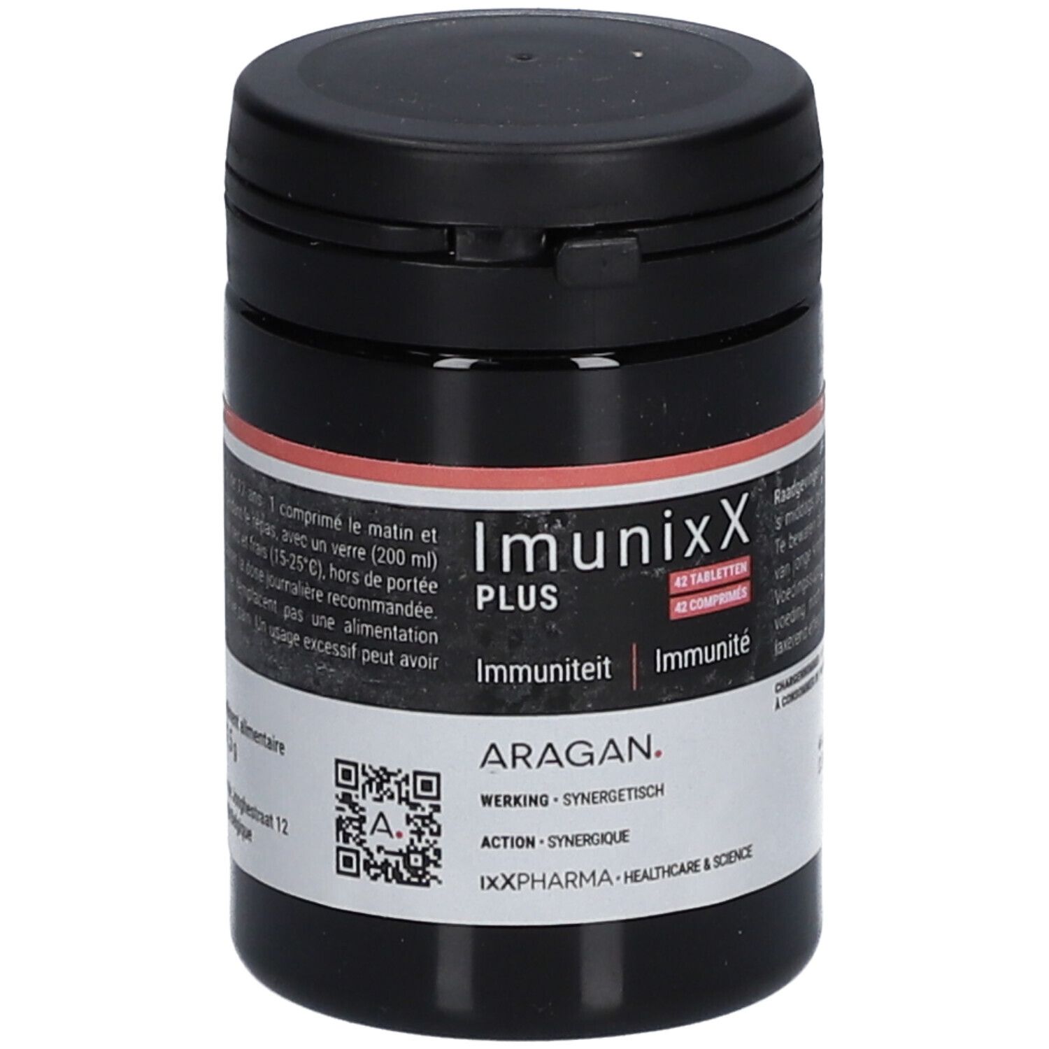 Zwarte pot met ImunixX Plus tabletten. Opschrift: 42 tabletten. Met deksel.