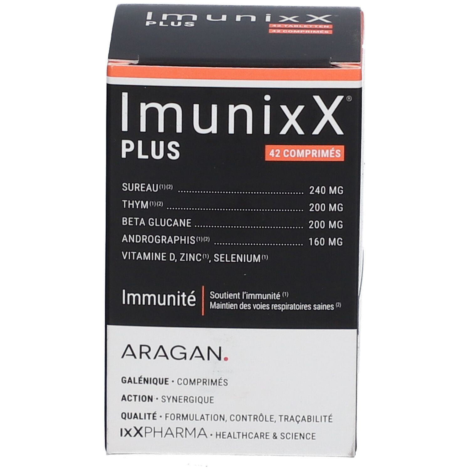 Doos met ImunixX Plus tabletten. Opschrift: 42 tabletten. Groen-zwart design.