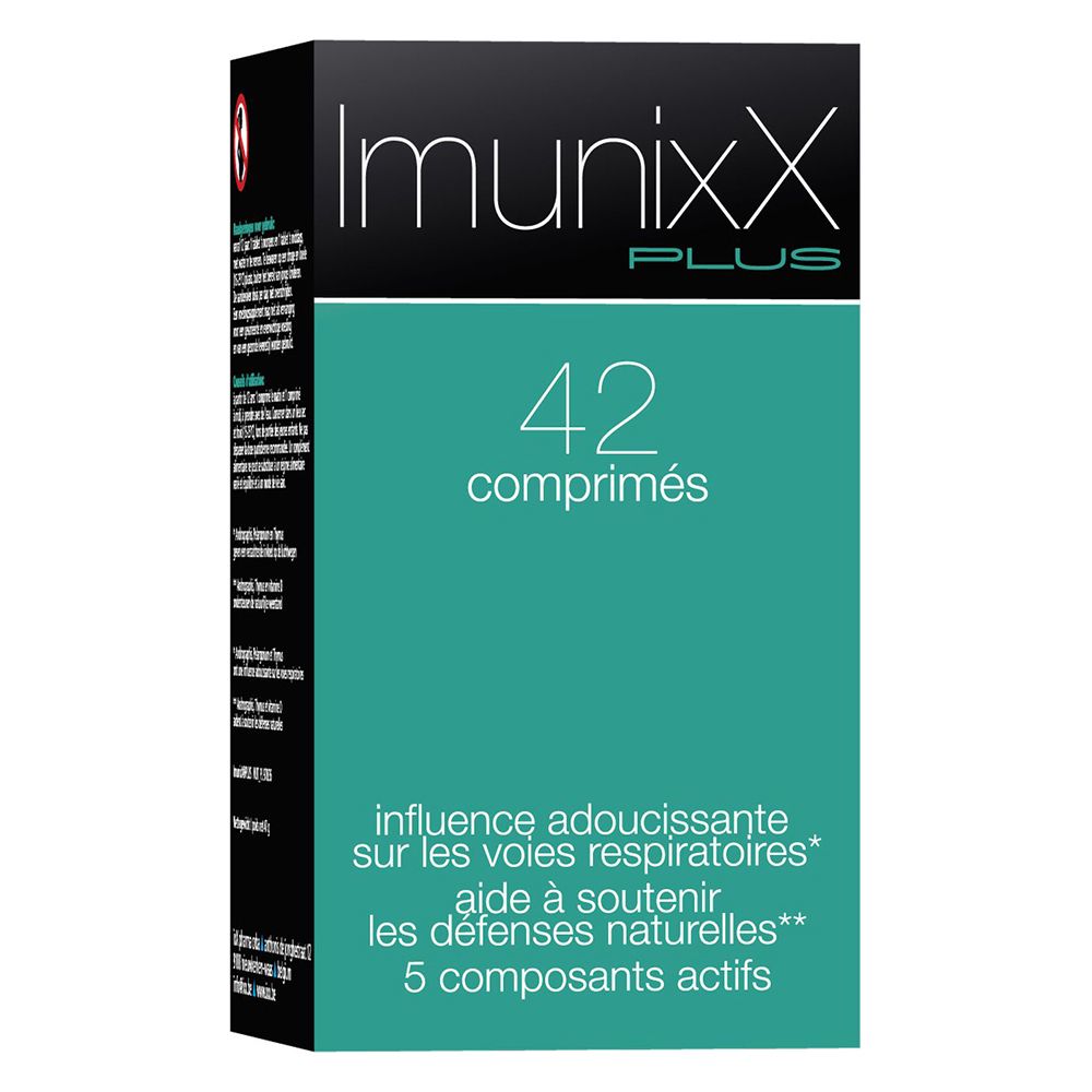 Boîte de comprimés ImunixX Plus. Inscription : 42 comprimés. Design vert et noir.