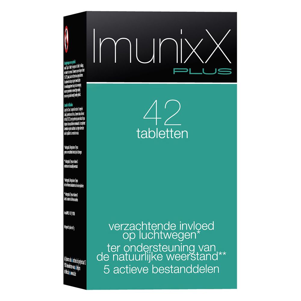 Doos met ImunixX Plus tabletten. Opschrift: 42 tabletten. Groen-zwart design.