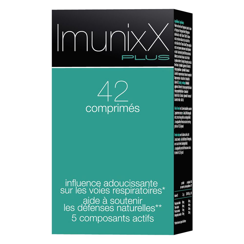 Boîte de comprimés ImunixX Plus. Inscription : 42 comprimés. Design vert et noir.