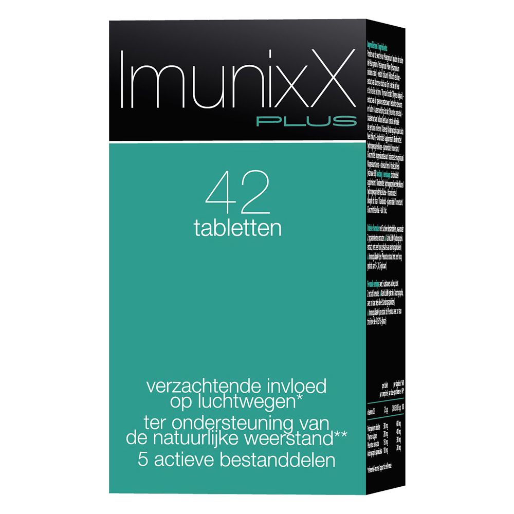 Doos met ImunixX Plus tabletten. Opschrift: 42 tabletten. Groen-zwart design.