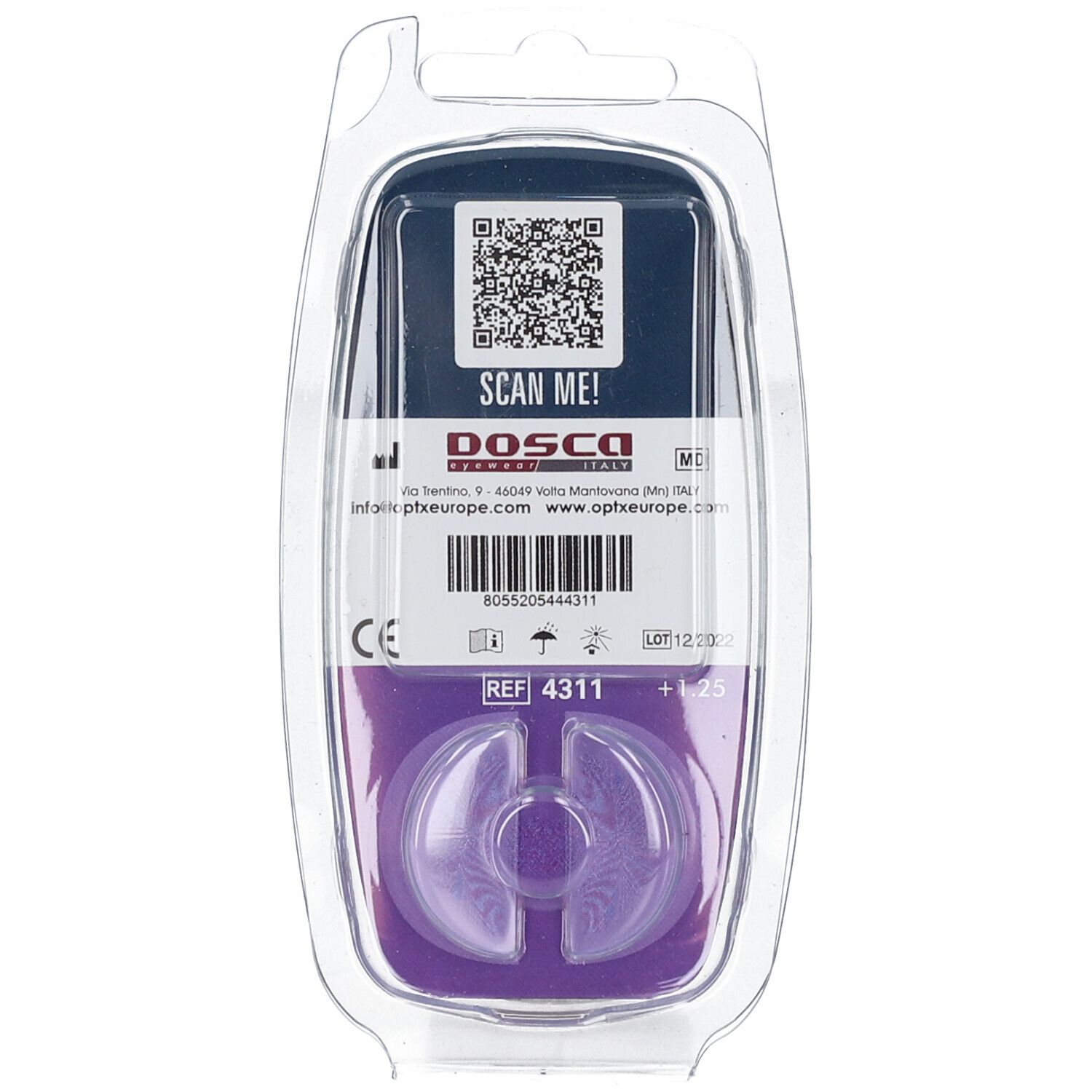 Verpackung mit zwei transparenten Linsen. Text +1,25. QR-Code und Text Scan Me! Logo Dosco.