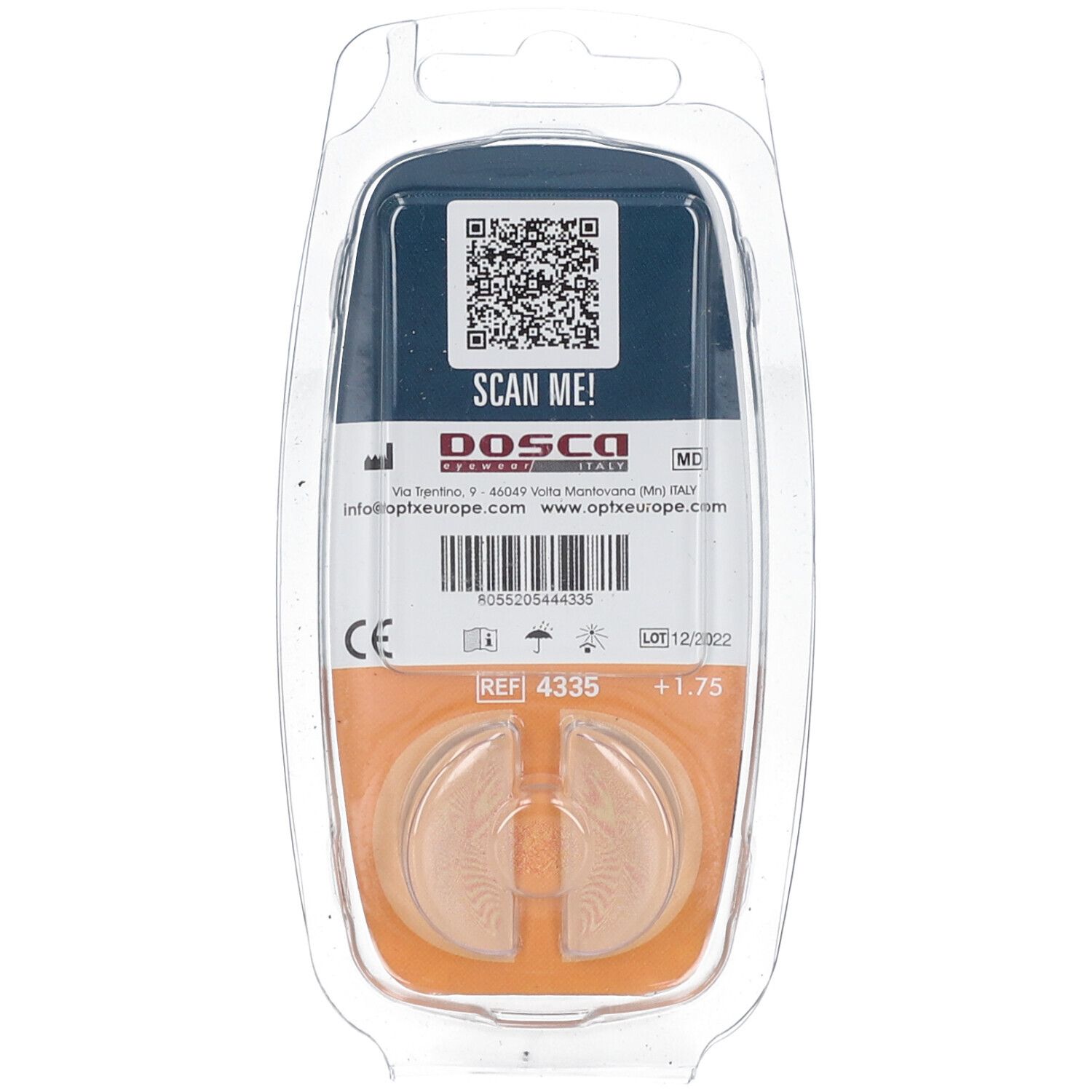Verpackung mit zwei transparenten, selbstklebenden Linsen. +1,75 Dioptrien. Marke Dosco. QR-Code und CE-Kennzeichnung.