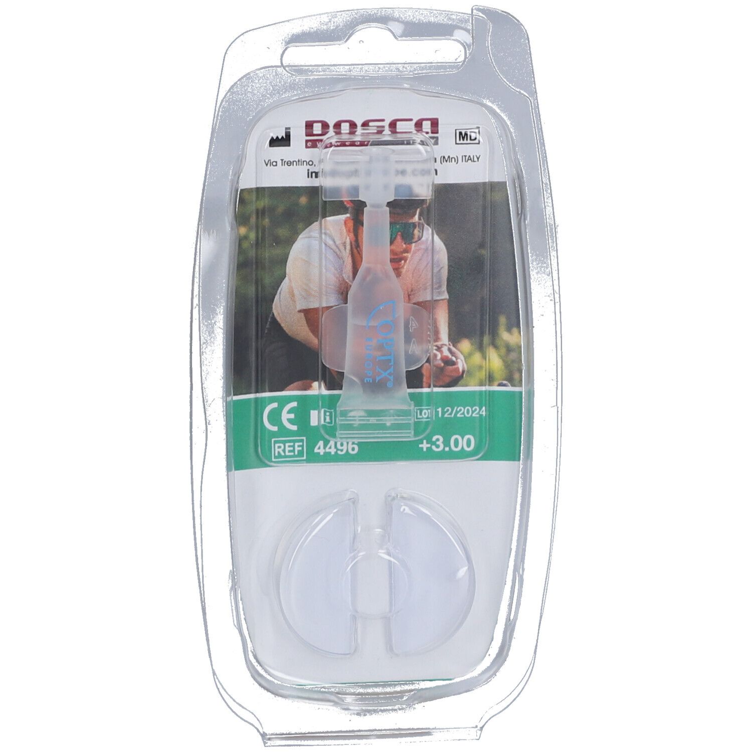 Rückseite der Verpackung mit QR-Code und Produktinformationen. Sichtbar: REF 4366, +3.00, CE-Kennzeichnung.