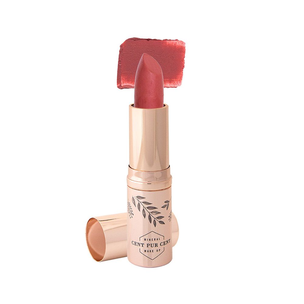 Rouge à lèvres avec étui doré. Marque : CENT PUR CENT. Échantillon de couleur. Teinte rose.