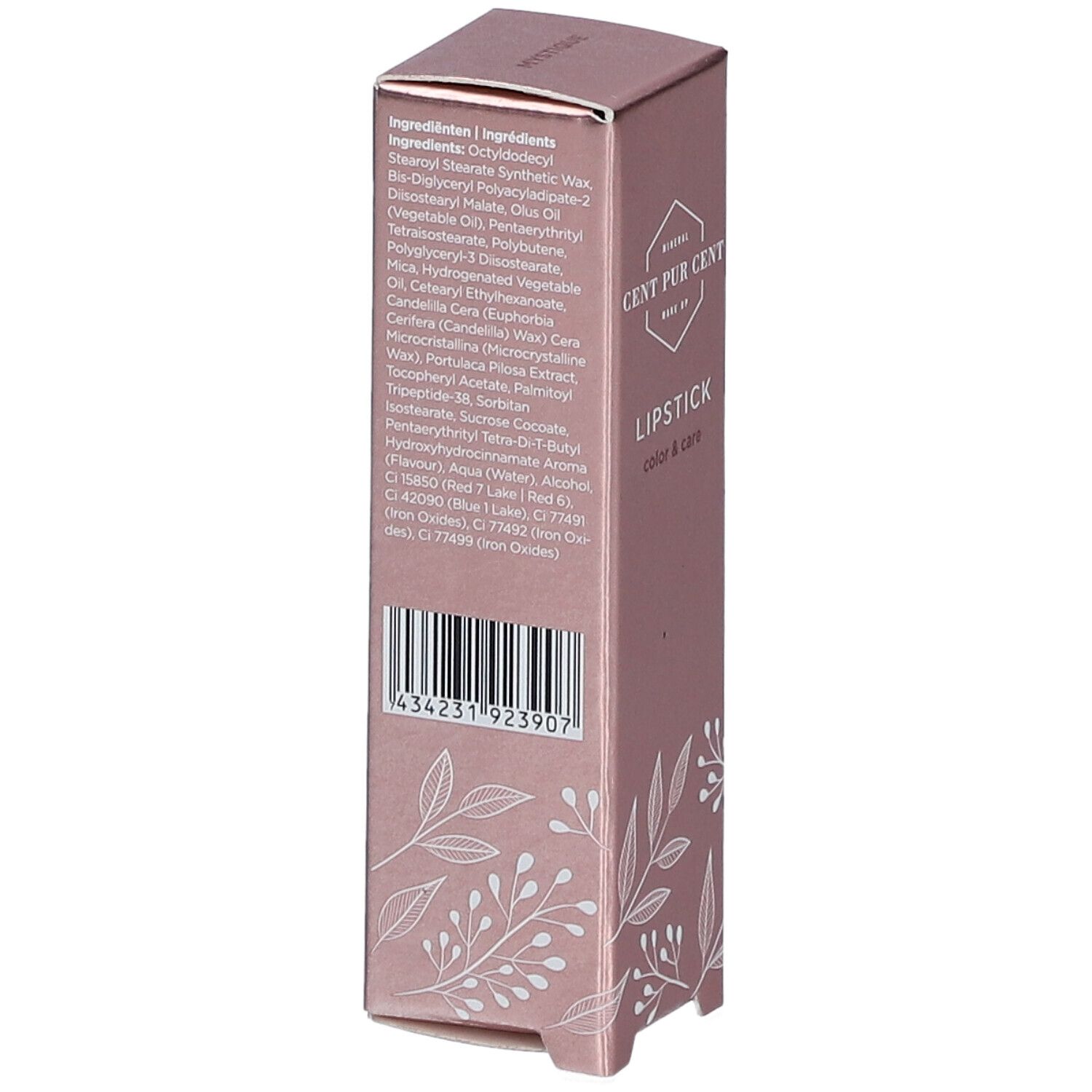 Dos de la boîte de rouge à lèvres. Ingrédients listés. Code-barres. Marque : CENT PUR CENT.