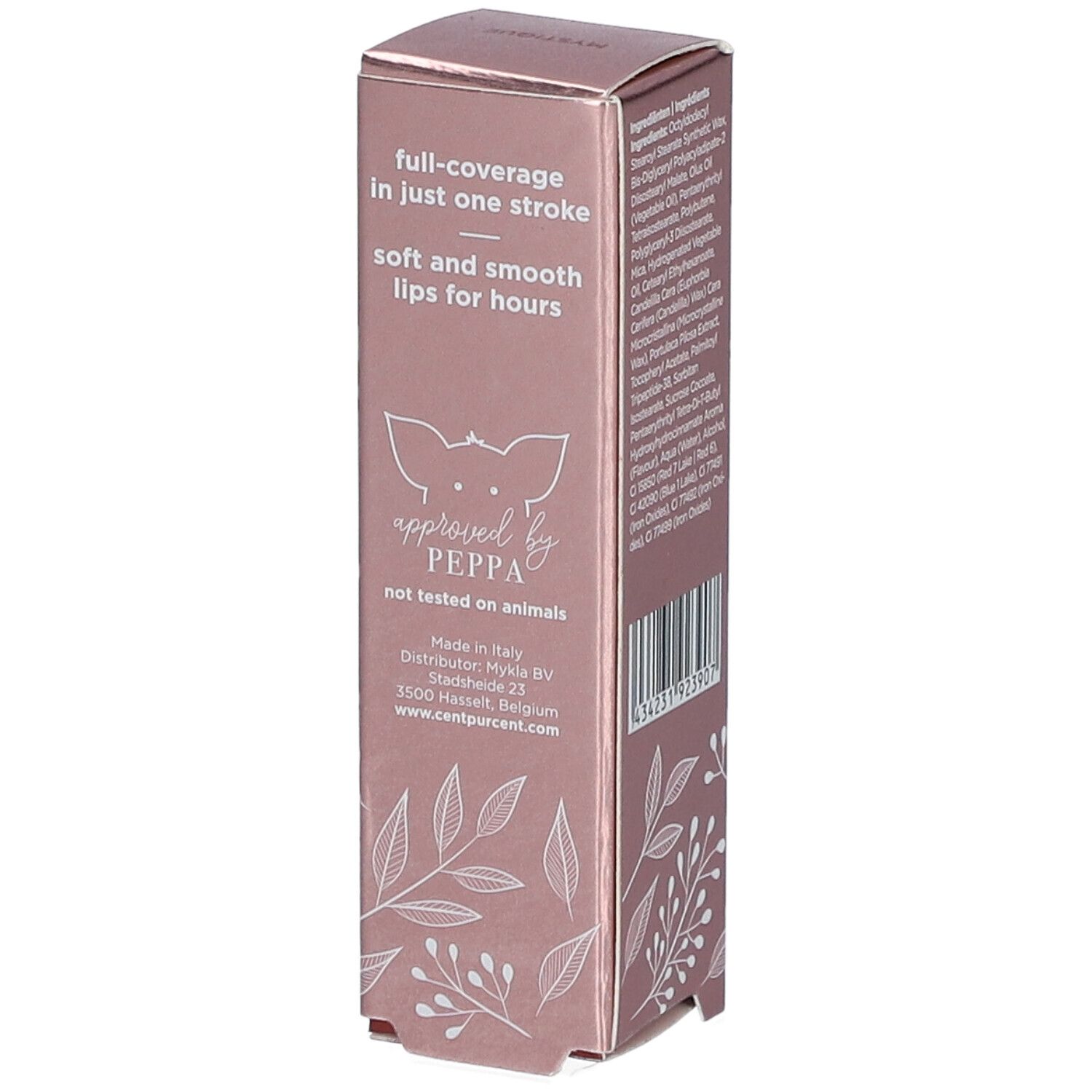 Emballage de rouge à lèvres. Texte : full-coverage in just one stroke, soft and smooth lips for hours. Approved by Peppa.