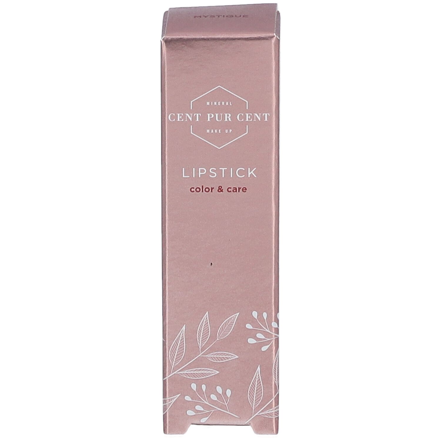 Boîte de rouge à lèvres rose. Marque : CENT PUR CENT. Texte : LIPSTICK color & care. Motif floral.