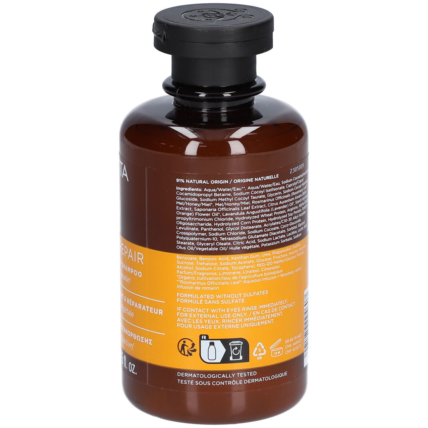 Dos du flacon marron avec texte. Étiquette jaune avec informations sur le produit.