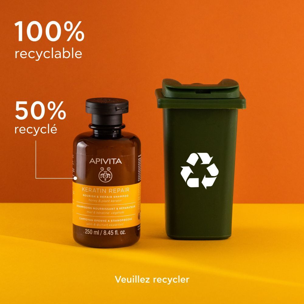 Fond jaune. Flacon, poubelle. Texte: 100% recyclable, 50% recyclé. Veuillez recycler.