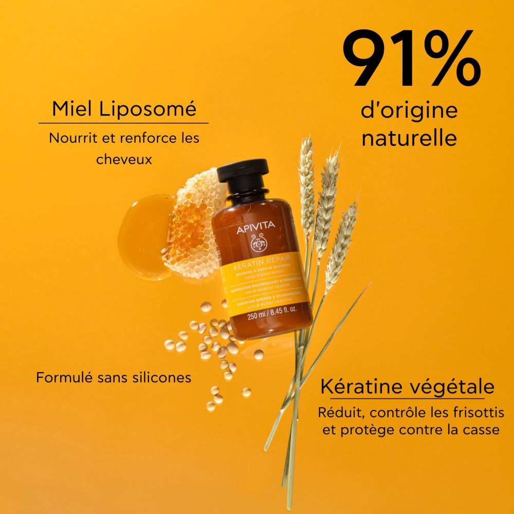 Fond jaune. Flacon, nid d'abeille, blé. Texte: 91% d'origine naturelle. Kératine végétale.