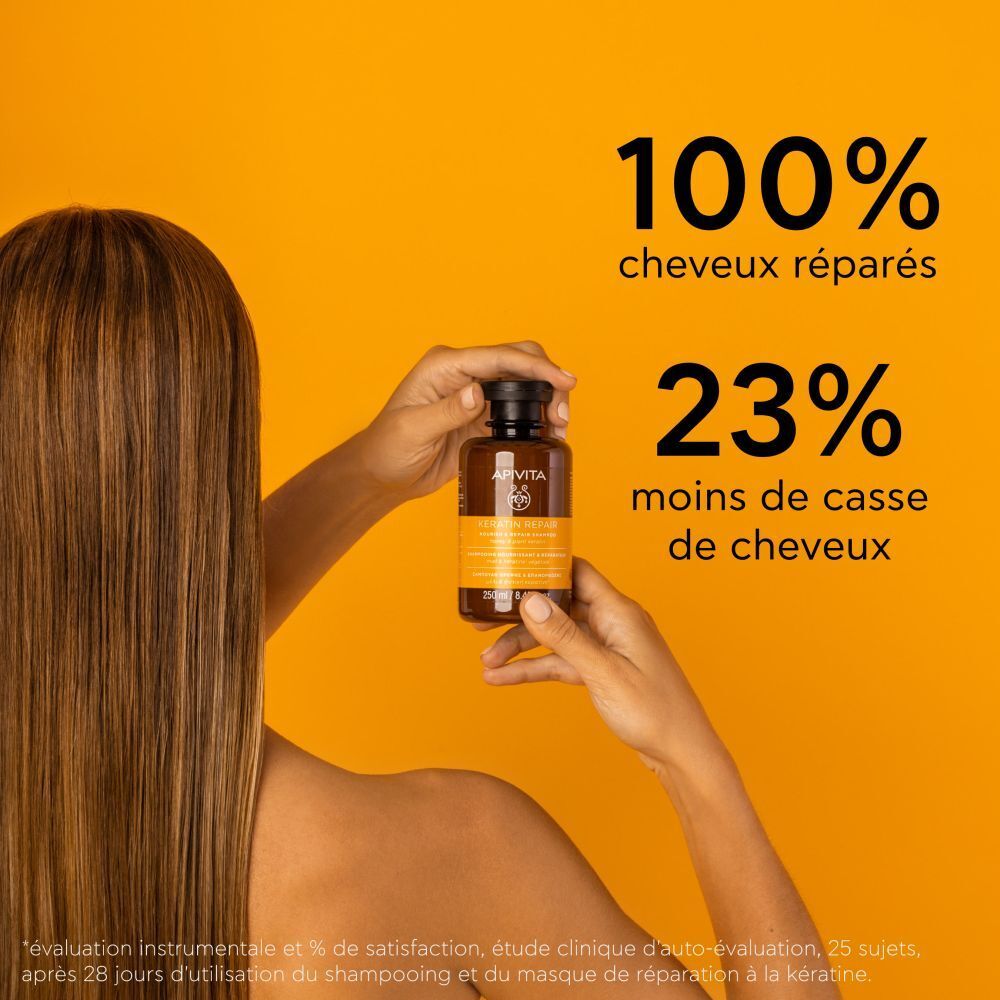 Fond jaune. Femme avec cheveux. Texte: 100% cheveux réparés, 23% moins de casse de cheveux.