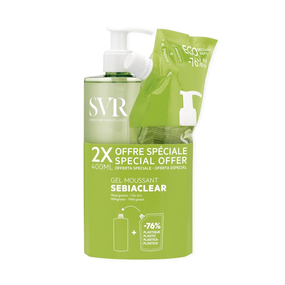 SVR Gel Moussant Sebiaclear avec recharge. Emballage vert. Offre spéciale 2x 400ml.