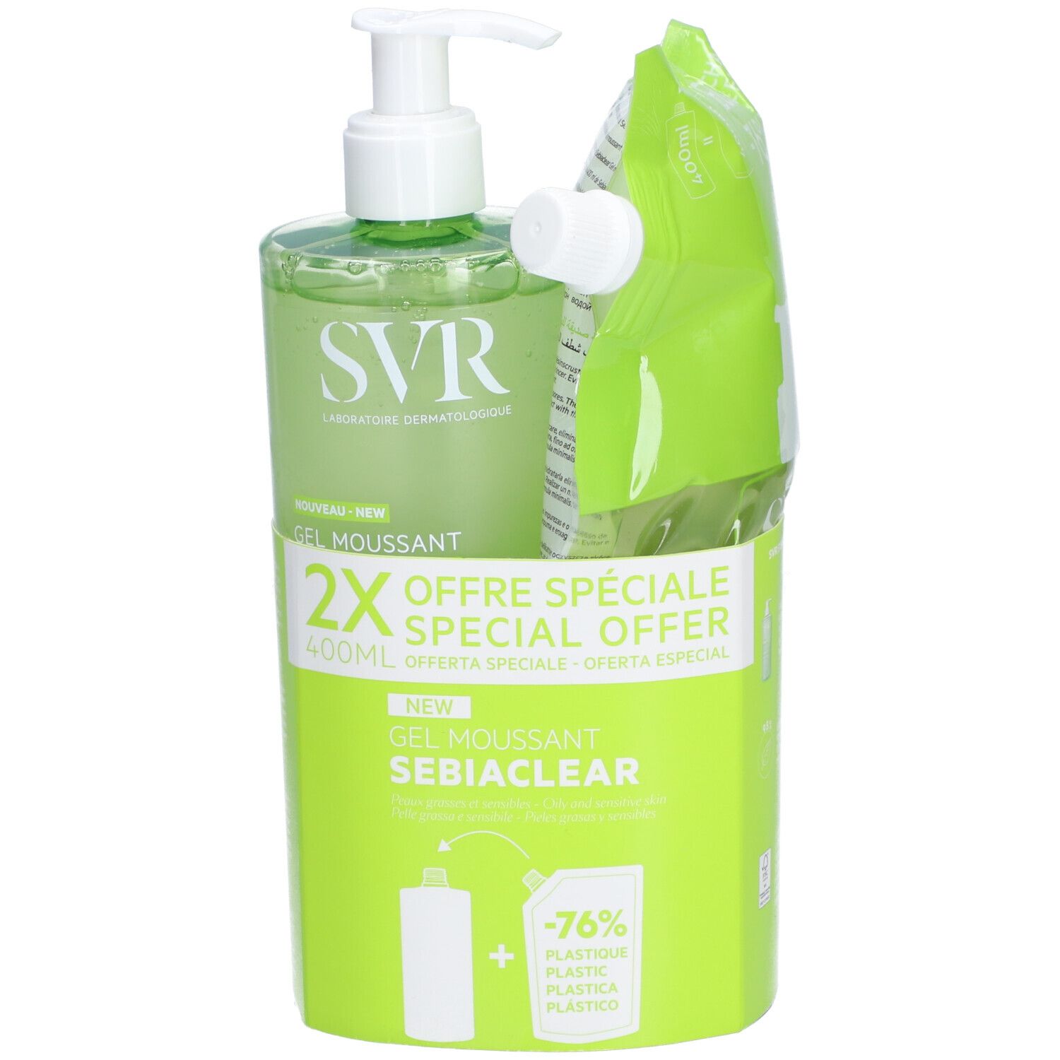 SVR Gel Moussant Sebiaclear avec recharge. Emballage vert. Informations produit. Offre spéciale 2x 400ml.