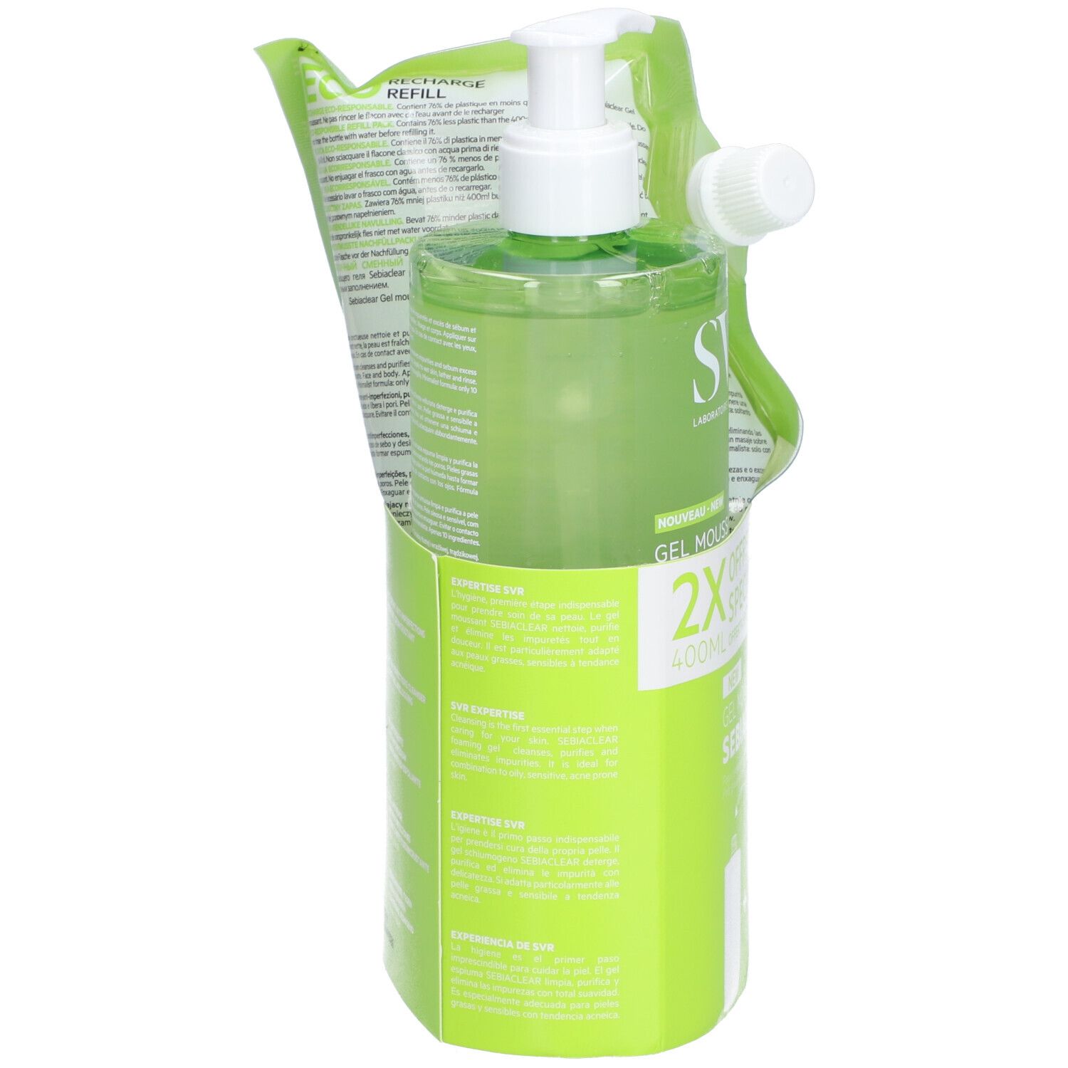 SVR Gel Moussant Sebiaclear avec recharge. Emballage vert. Informations produit au dos.