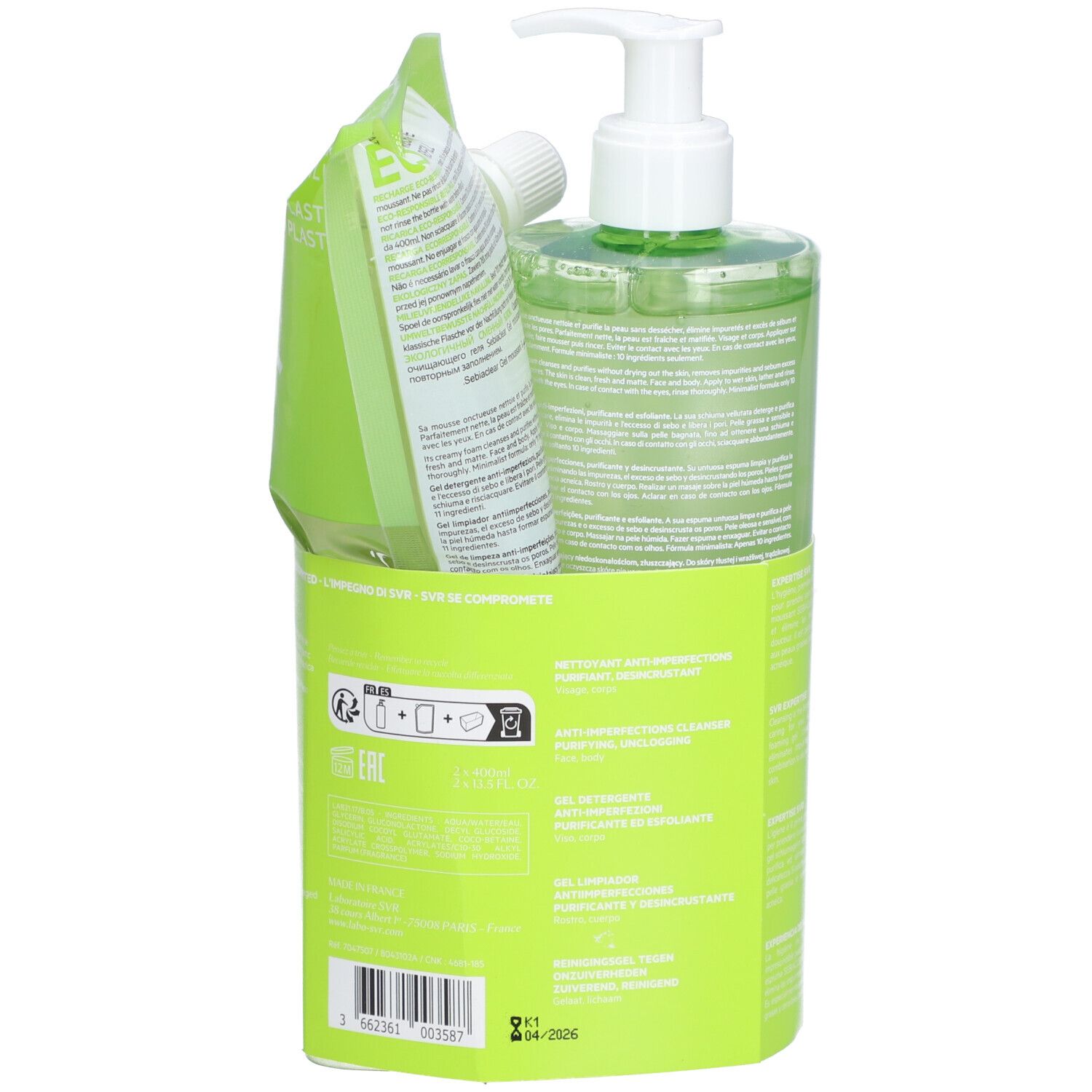 SVR Gel Moussant Sebiaclear avec recharge. Emballage vert. Informations produit au dos.