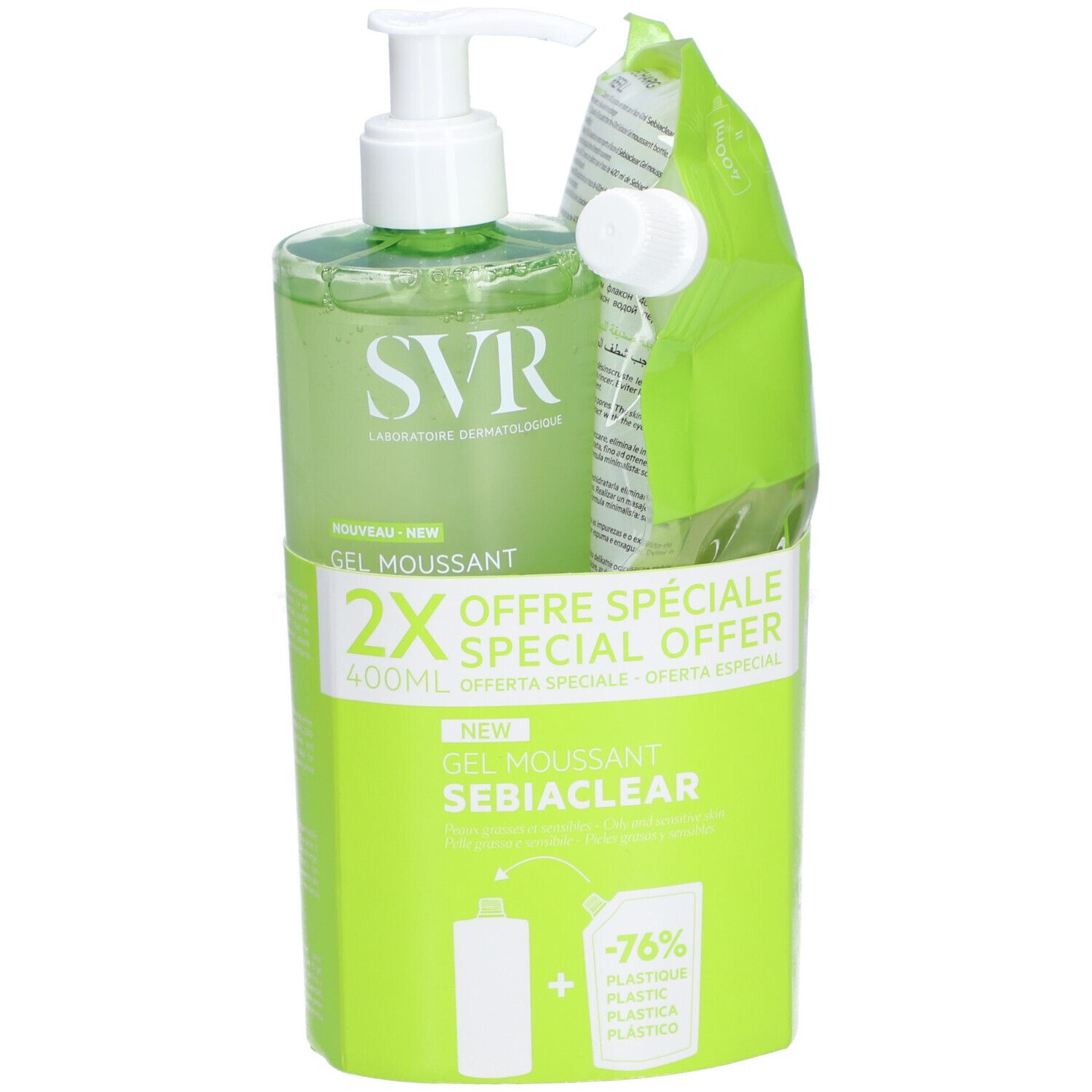 SVR Gel Moussant Sebiaclear avec recharge. Emballage vert. Offre spéciale 2x 400ml.